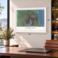 Jacksonville, Florida map, 18 x 24 inch print in a white frame in a home office