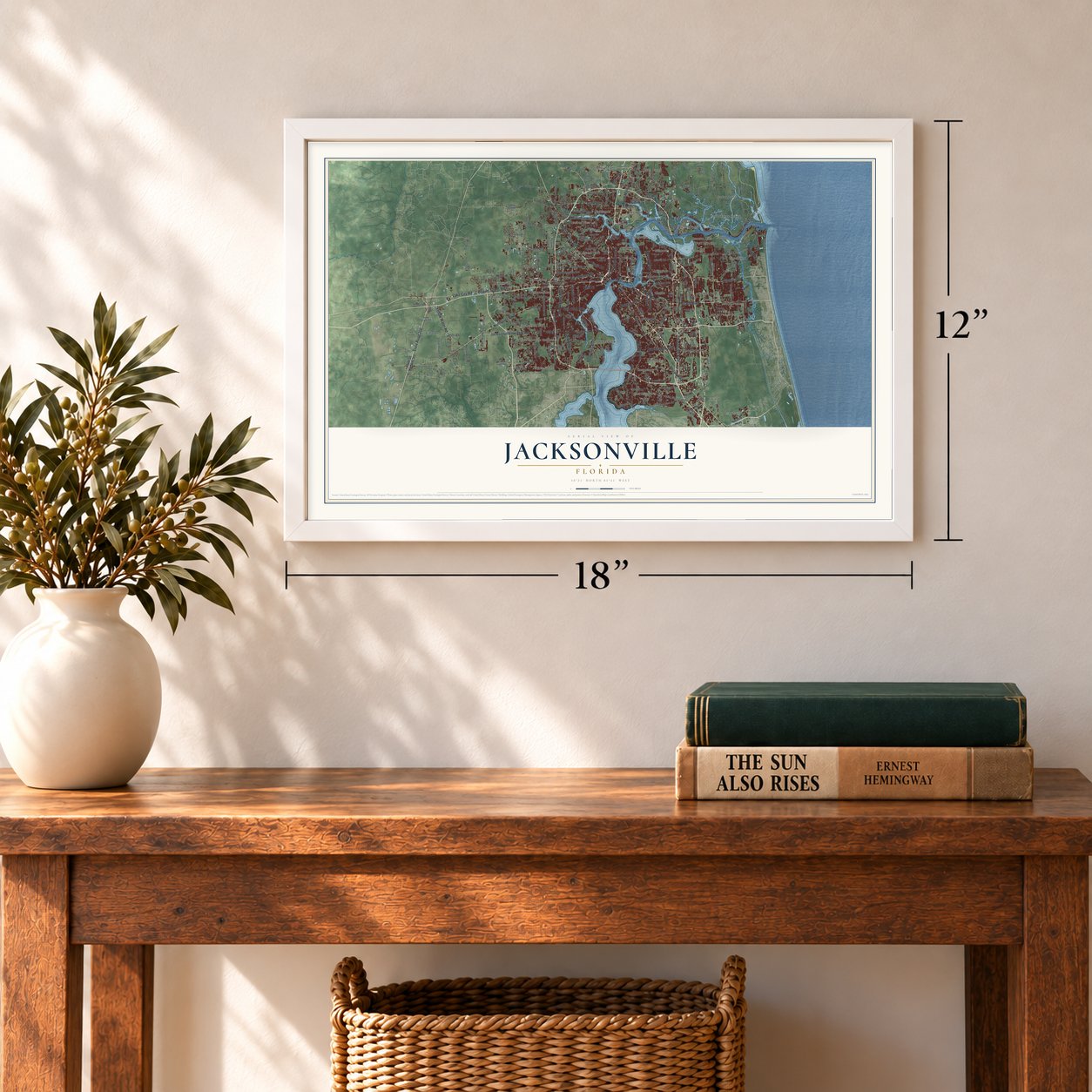 Jacksonville, Florida map, 12 x 18 inch print in a white frame in an entryway