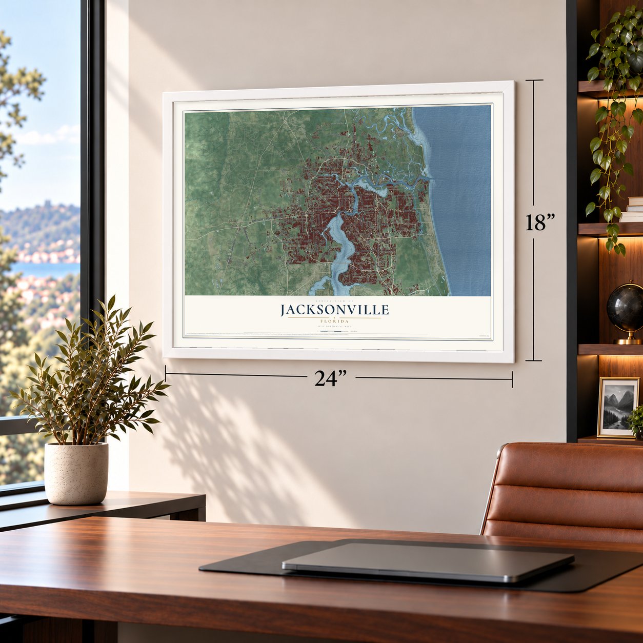 Jacksonville, Florida map, 18 x 24 inch print in a white frame in a home office