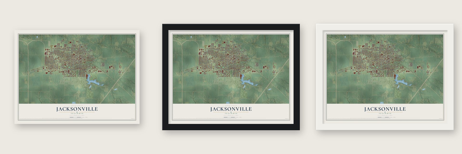 Jacksonville, Illinois map unframed, in a black wood frame and in a white wood frame