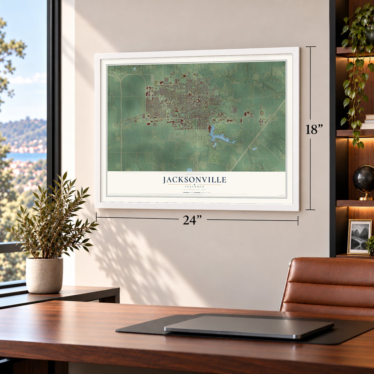 Jacksonville, Illinois map, 18 x 24 inch print in a white frame in a home office