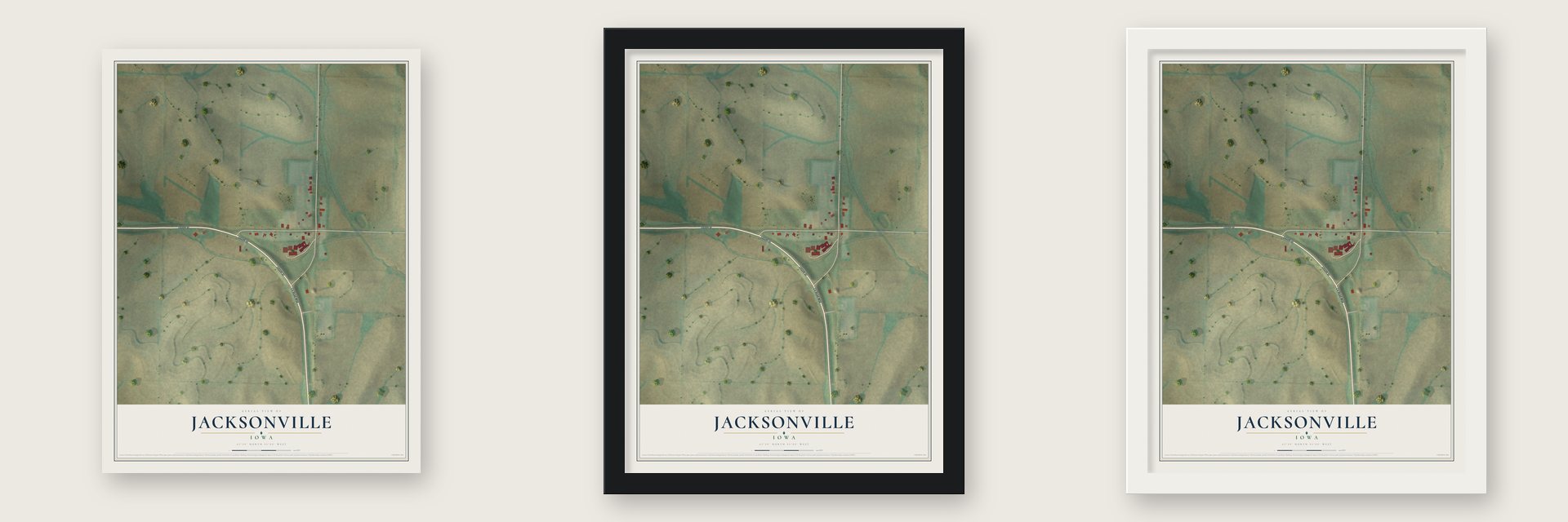 Jacksonville, Iowa map unframed, in a black wood frame and in a white wood frame