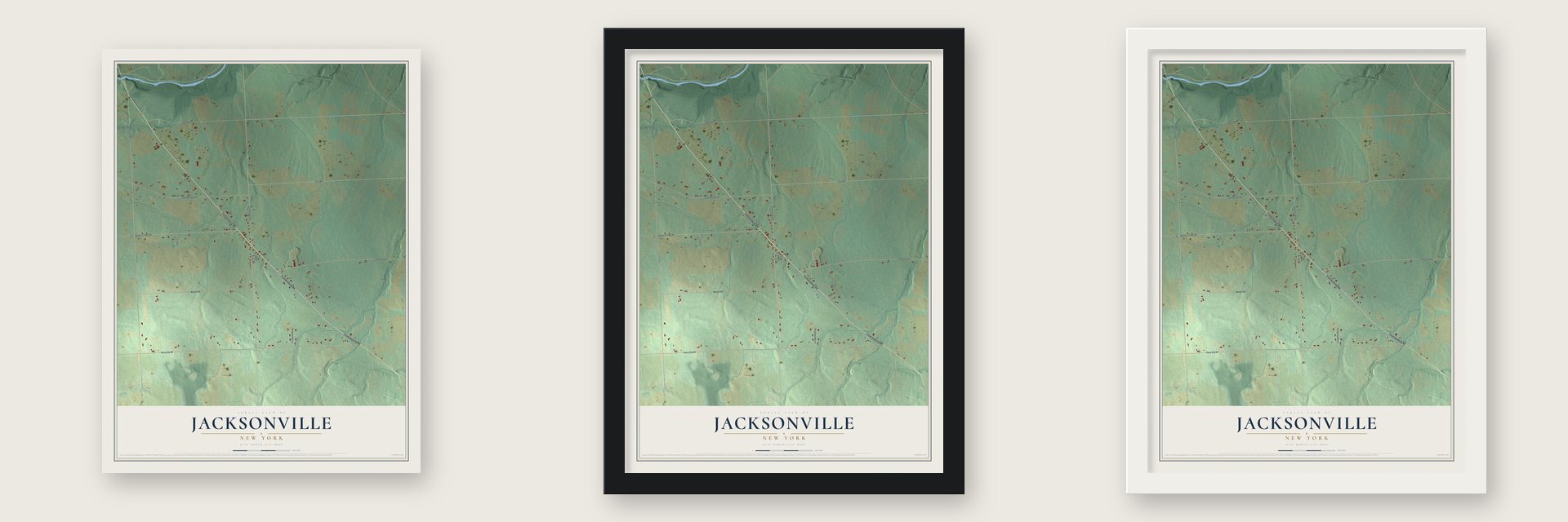 Jacksonville, New York map unframed, in a black wood frame and in a white wood frame