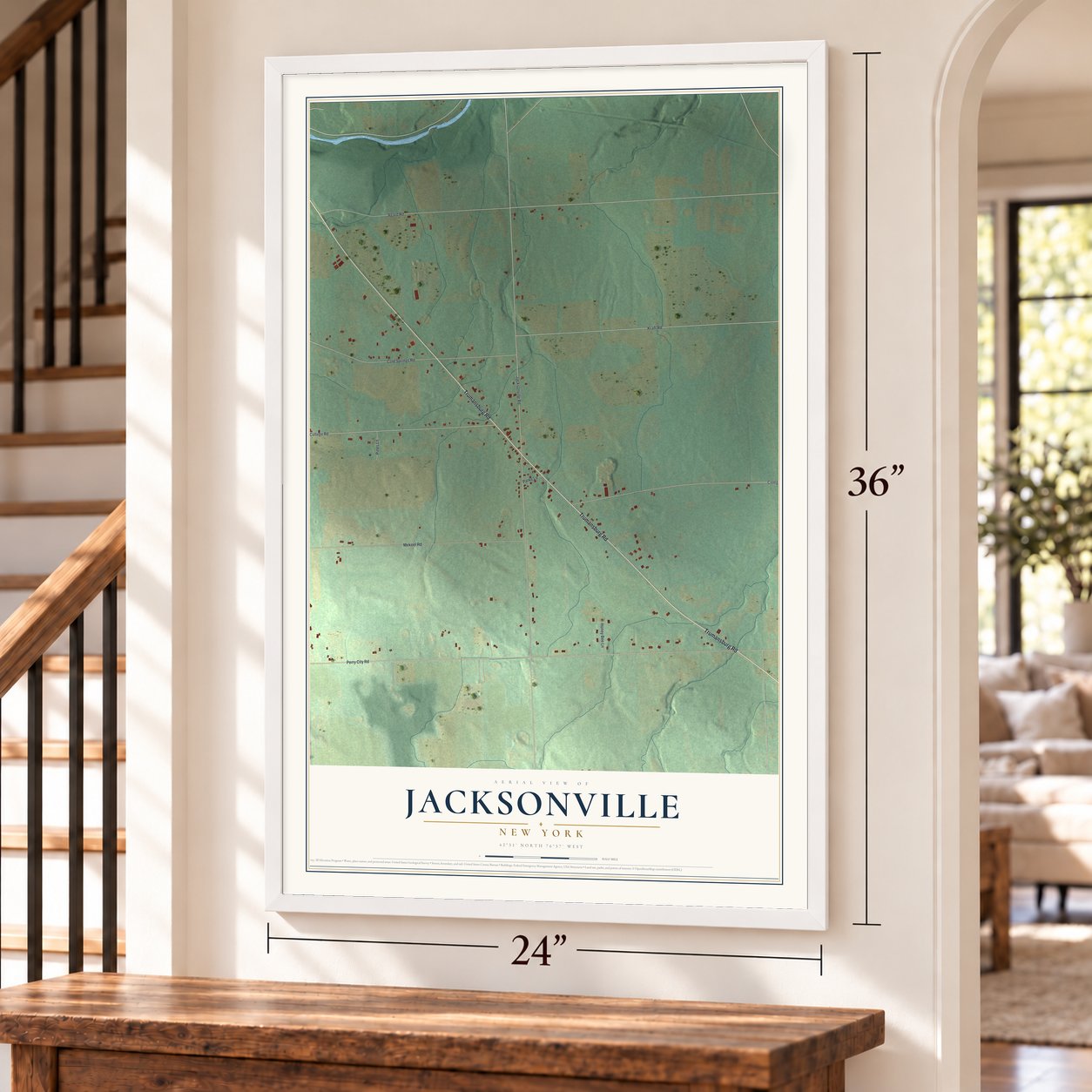 Jacksonville, New York map, 24 x 36 inch print in a white frame by a staircase