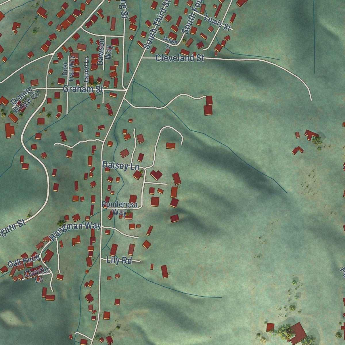 Second close-up of the map of Jacksonville, Oregon print showing more streets and buildings