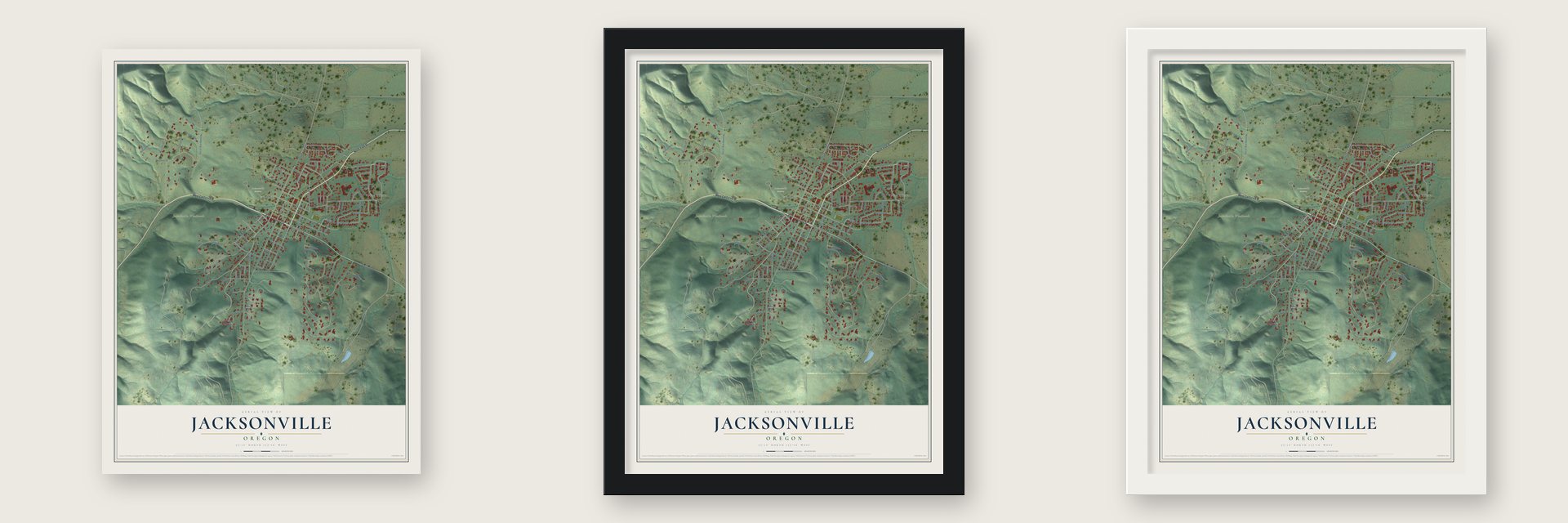 Jacksonville, Oregon map unframed, in a black wood frame and in a white wood frame