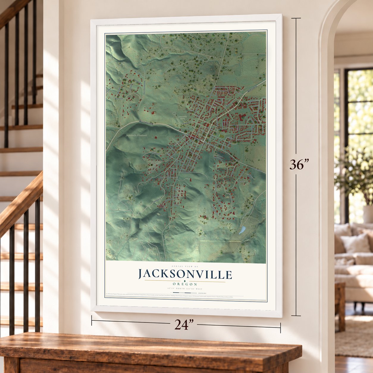 Jacksonville, Oregon map, 24 x 36 inch print in a white frame by a staircase