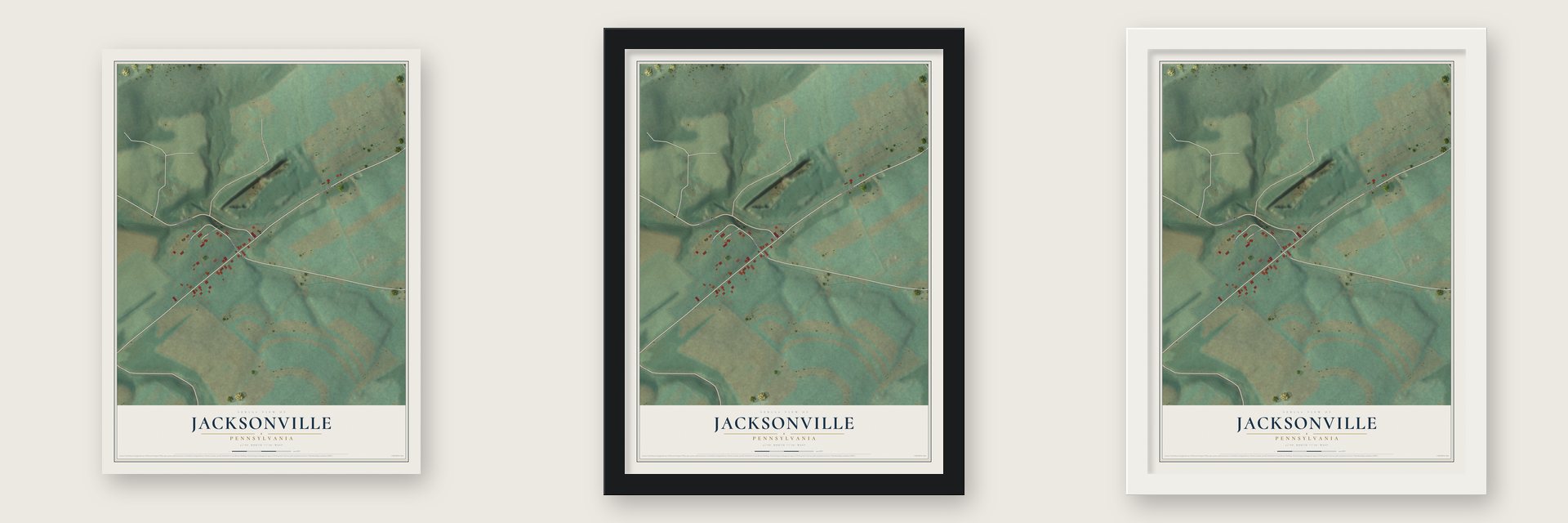 Jacksonville, Pennsylvania map unframed, in a black wood frame and in a white wood frame