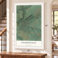Jacksonville, Pennsylvania map, 24 x 36 inch print in a white frame by a staircase