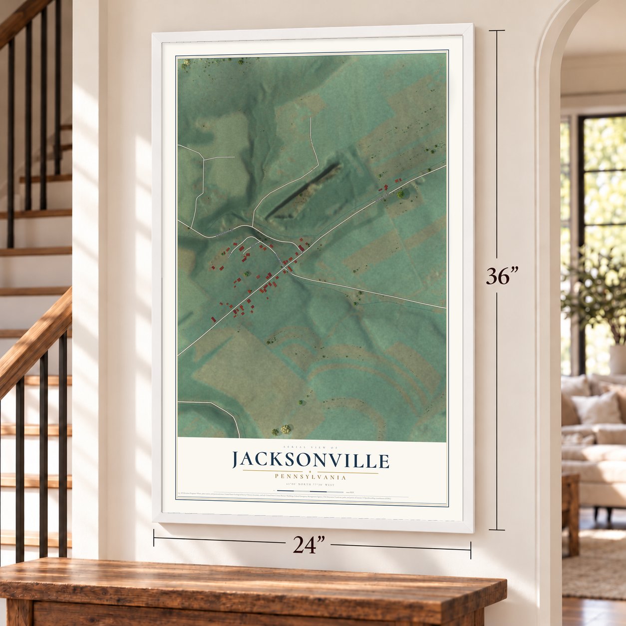 Jacksonville, Pennsylvania map, 24 x 36 inch print in a white frame by a staircase