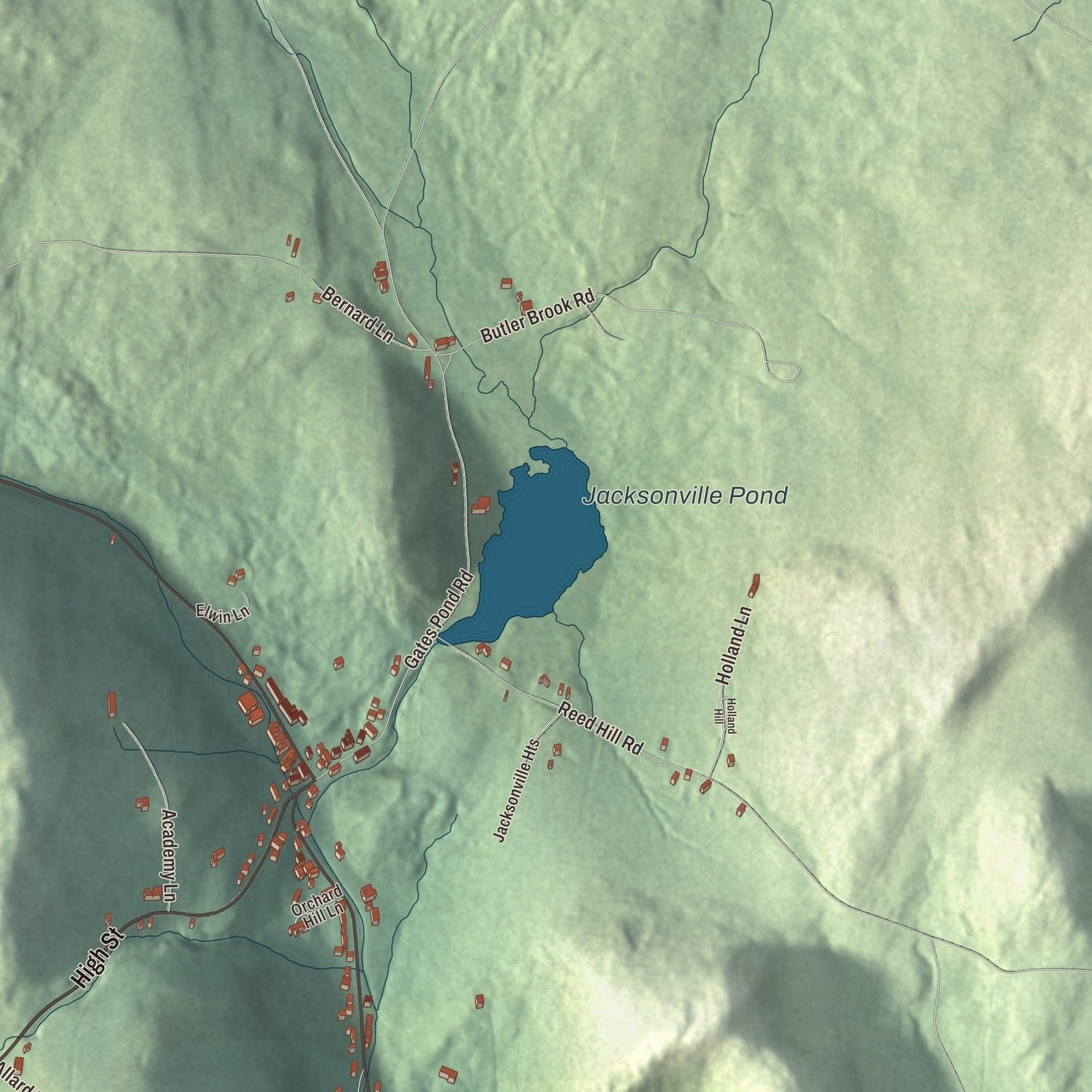 Close-up of the map of Jacksonville, Vermont print showing terrain and local geography
