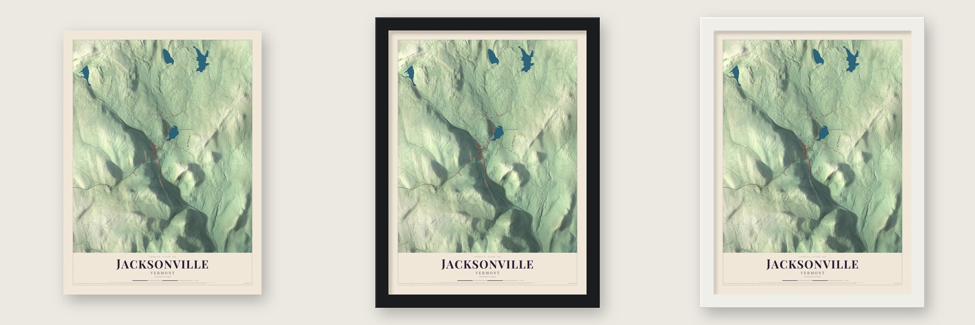 Jacksonville, Vermont map unframed, in a black wood frame and in a white wood frame