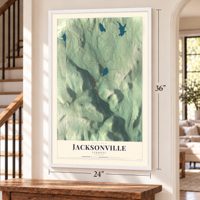 Jacksonville, Vermont map, 24 x 36 inch print in a white frame by a staircase