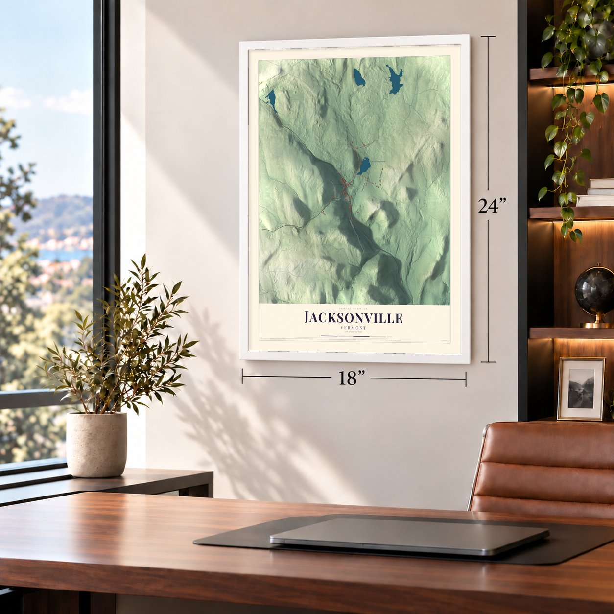 Jacksonville, Vermont map, 18 x 24 inch print in a white frame in a home office