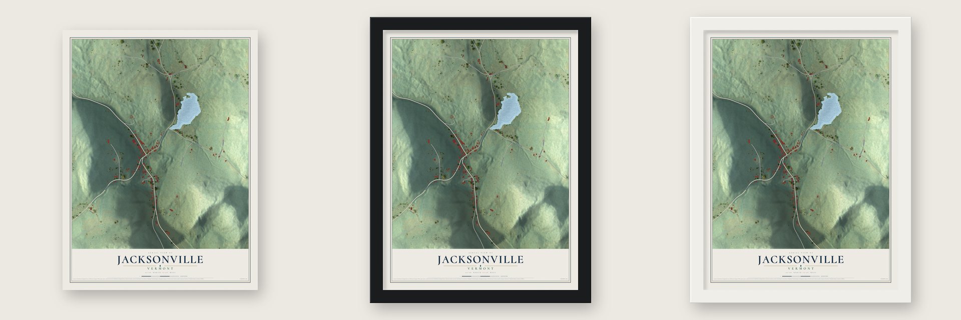 Jacksonville, Vermont map unframed, in a black wood frame and in a white wood frame