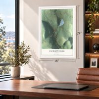 Jacksonville, Vermont map, 18 x 24 inch print in a white frame in a home office