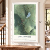 Jacksonville, Vermont map, 24 x 36 inch print in a white frame by a staircase