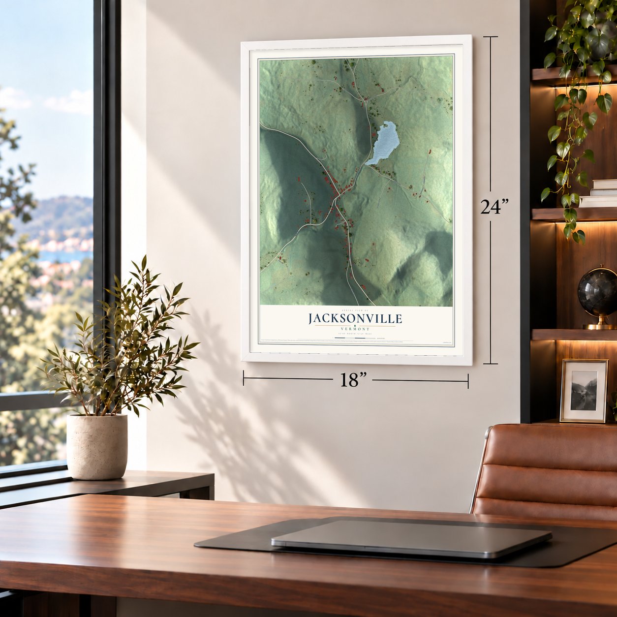 Jacksonville, Vermont map, 18 x 24 inch print in a white frame in a home office