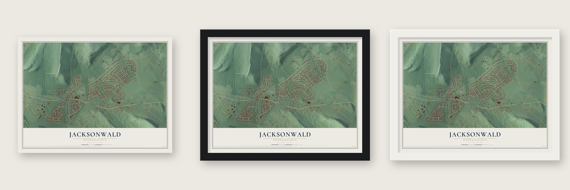Jacksonwald, Pennsylvania map unframed, in a black wood frame and in a white wood frame