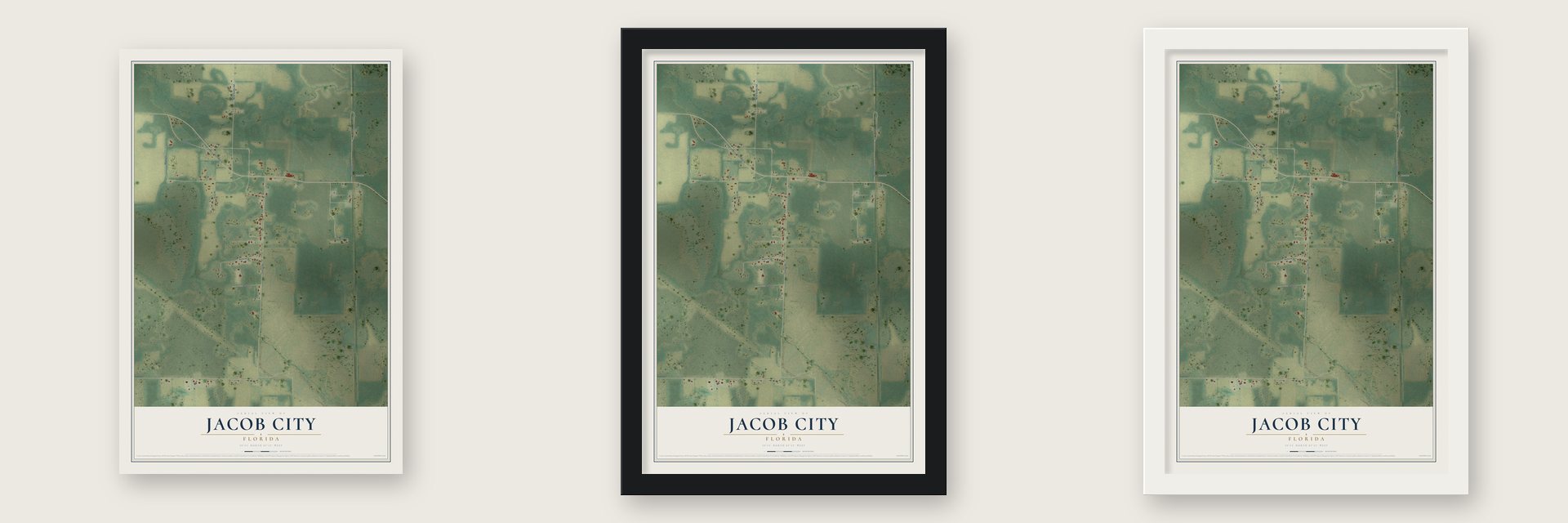 Jacob City, Florida map unframed, in a black wood frame and in a white wood frame