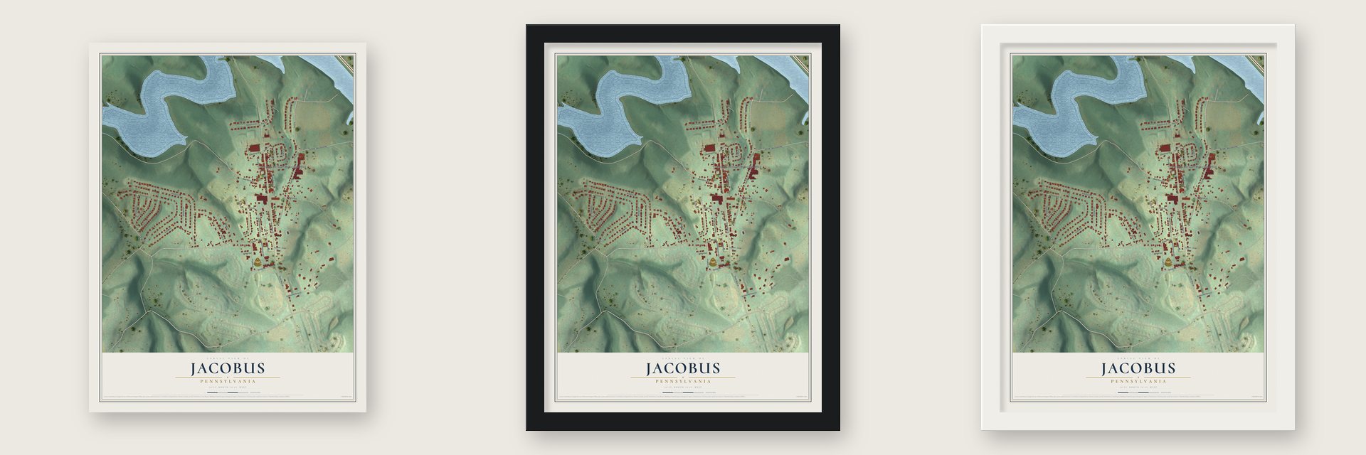 Jacobus, Pennsylvania map unframed, in a black wood frame and in a white wood frame