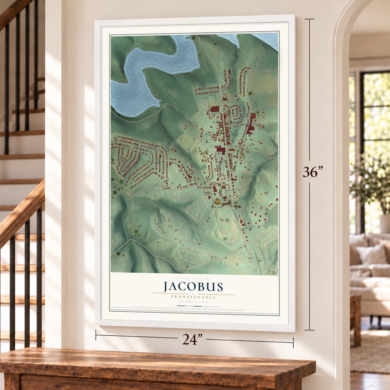 Jacobus, Pennsylvania map, 24 x 36 inch print in a white frame by a staircase