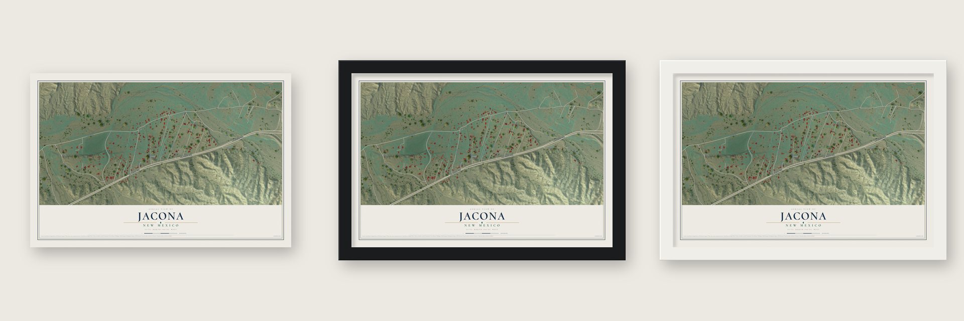 Jacona, New Mexico map unframed, in a black wood frame and in a white wood frame