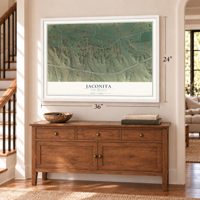 Jaconita, New Mexico map, 24 x 36 inch print in a white frame above a dresser by a staircase