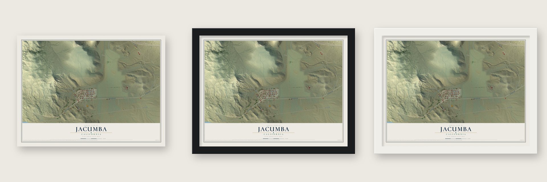 Jacumba, California map unframed, in a black wood frame and in a white wood frame
