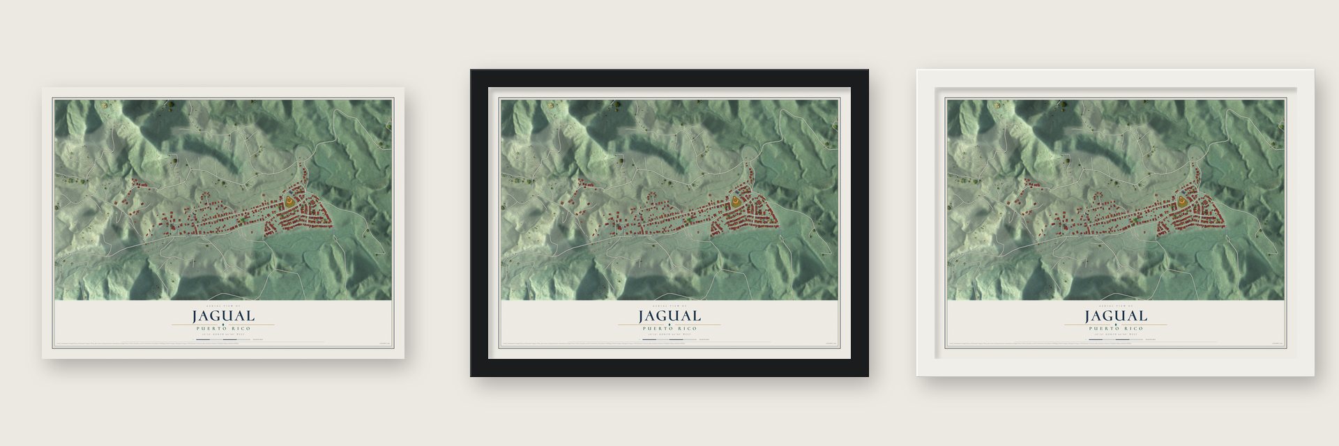 Jagual, Puerto Rico map unframed, in a black wood frame and in a white wood frame