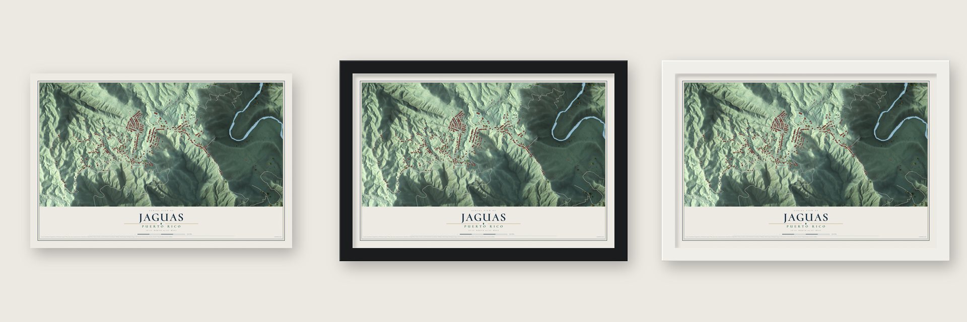 Jaguas, Puerto Rico map unframed, in a black wood frame and in a white wood frame