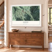 Jaguas, Puerto Rico map, 24 x 36 inch print in a white frame above a dresser by a staircase