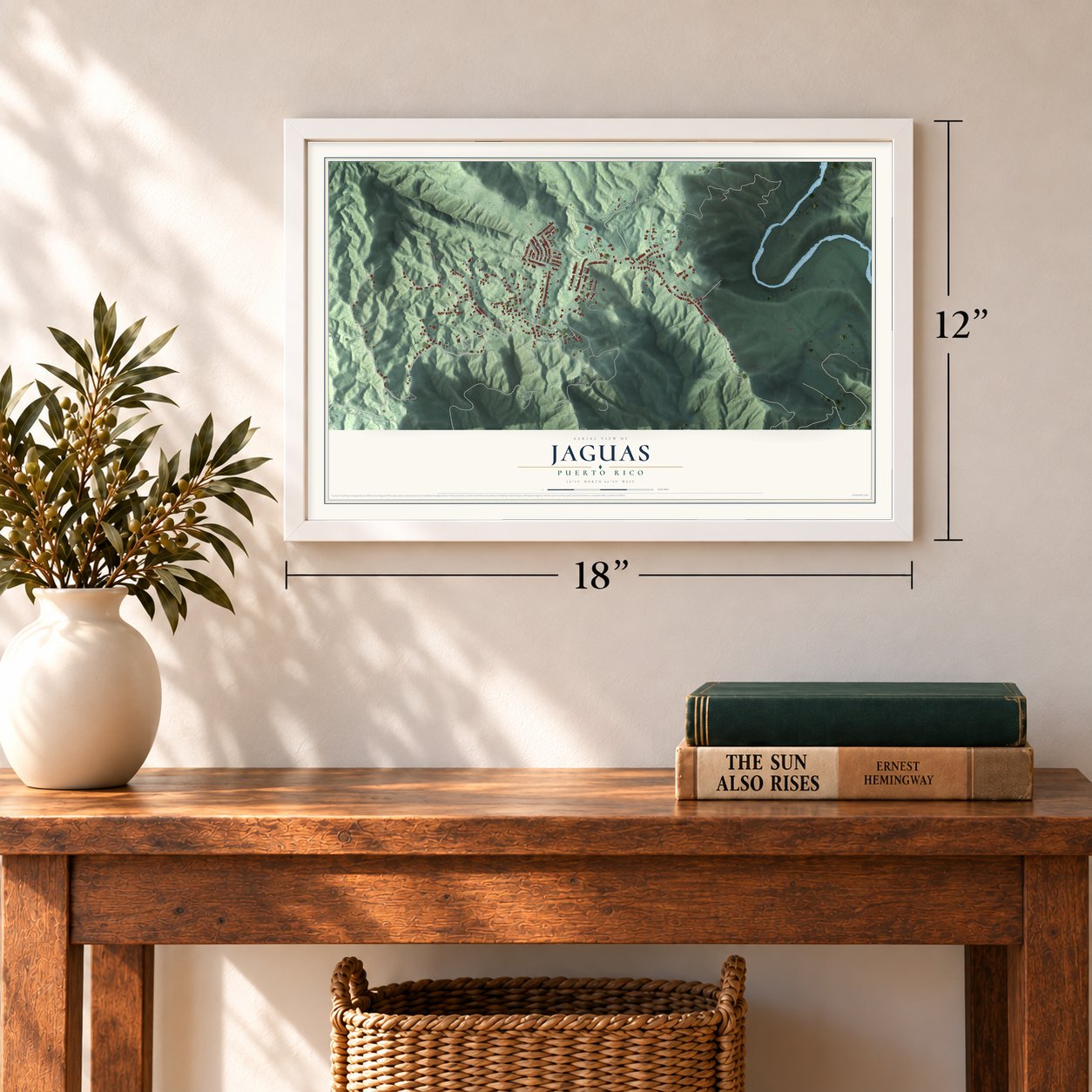 Jaguas, Puerto Rico map, 12 x 18 inch print in a white frame in an entryway