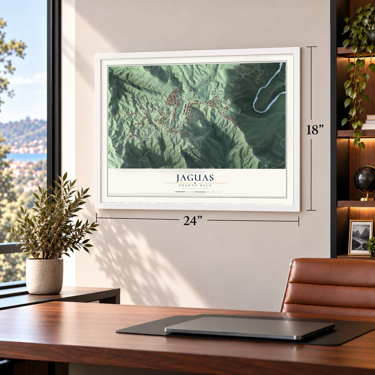 Jaguas, Puerto Rico map, 18 x 24 inch print in a white frame in a home office