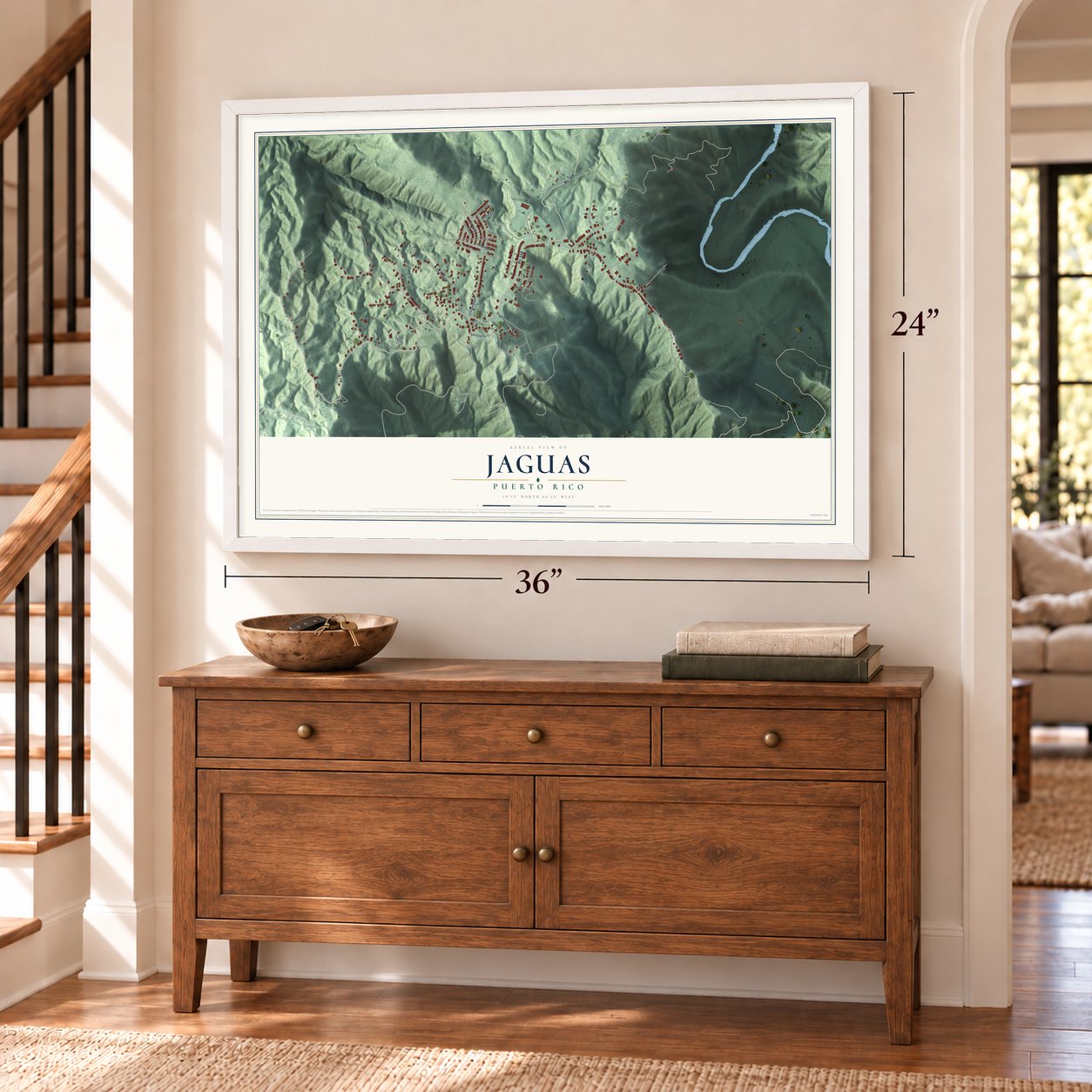 Jaguas, Puerto Rico map, 24 x 36 inch print in a white frame above a dresser by a staircase