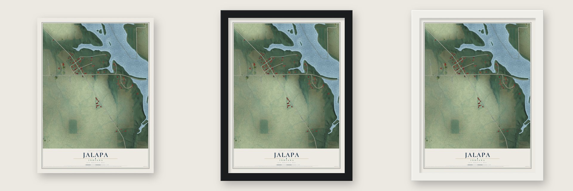 Jalapa, Indiana map unframed, in a black wood frame and in a white wood frame