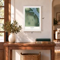 Jalapa, Indiana map, 12 x 18 inch print in a white frame in an entryway