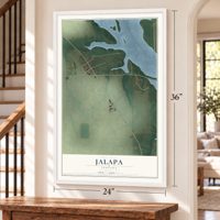 Jalapa, Indiana map, 24 x 36 inch print in a white frame by a staircase
