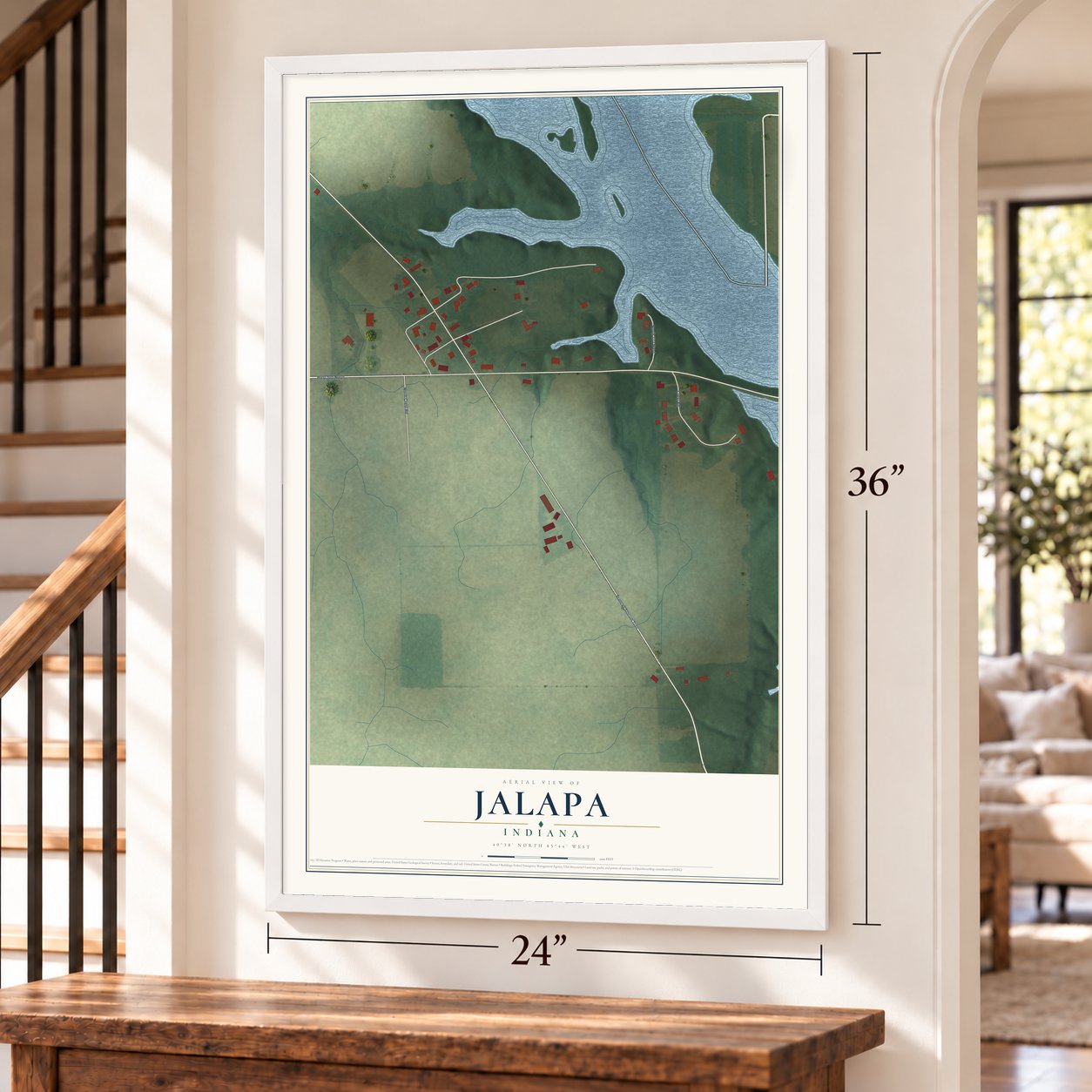 Jalapa, Indiana map, 24 x 36 inch print in a white frame by a staircase