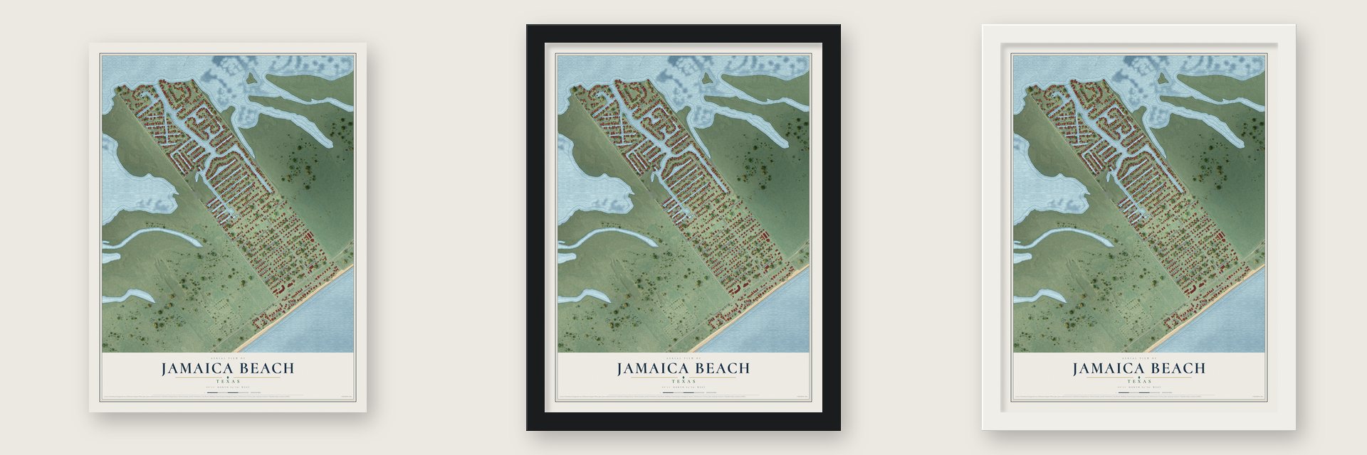 Jamaica Beach, Texas map unframed, in a black wood frame and in a white wood frame