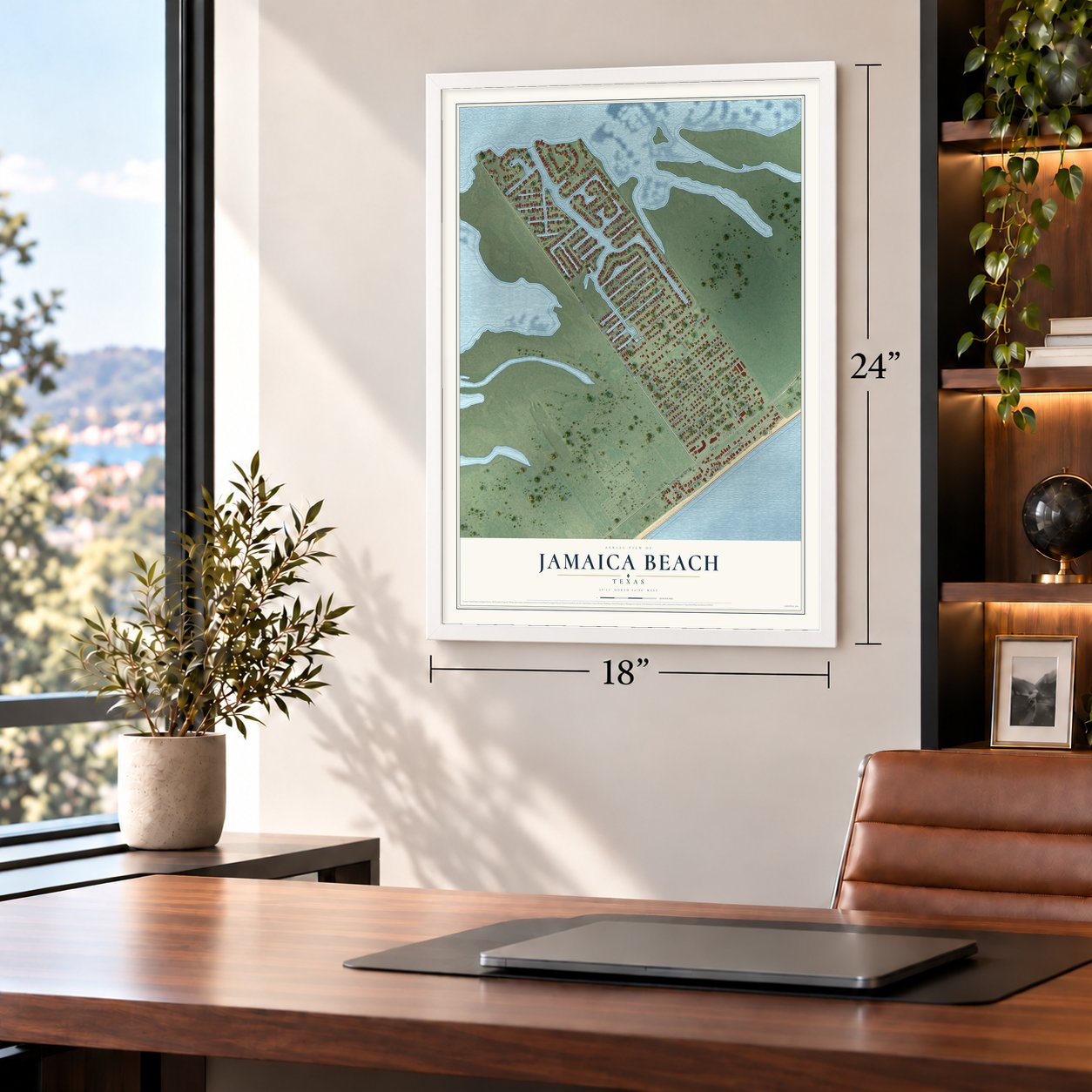 Jamaica Beach, Texas map, 18 x 24 inch print in a white frame in a home office