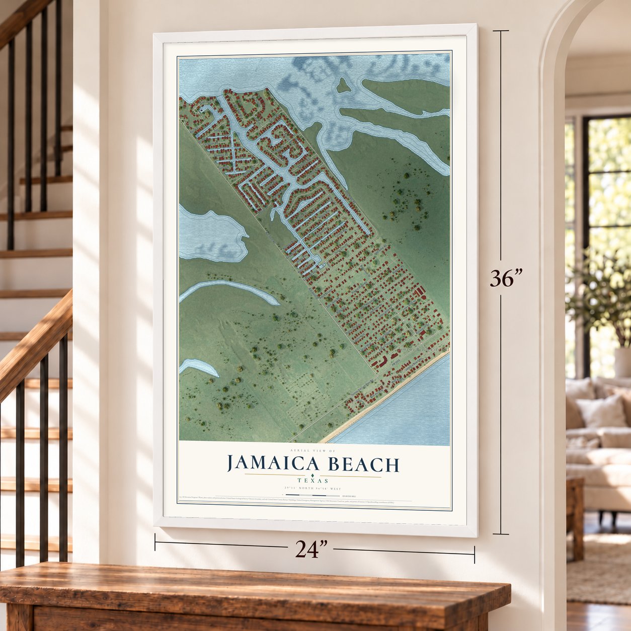 Jamaica Beach, Texas map, 24 x 36 inch print in a white frame by a staircase