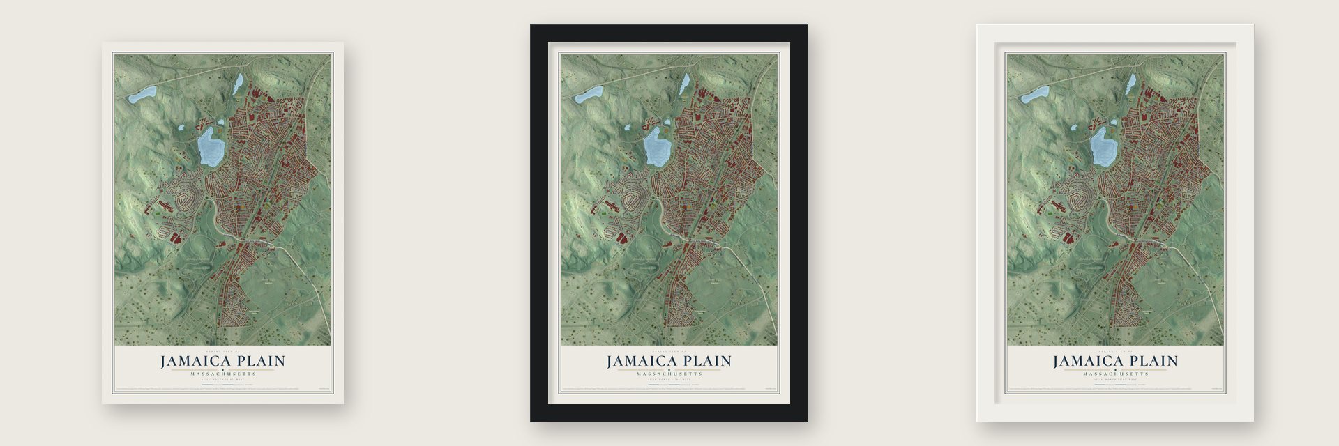 Jamaica Plain, Massachusetts map unframed, in a black wood frame and in a white wood frame