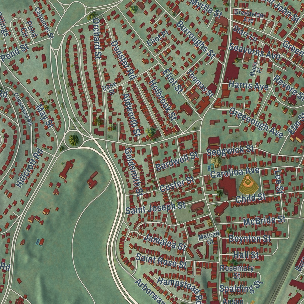 Second close-up of the map of Jamaica Plain, Massachusetts print showing more streets and buildings
