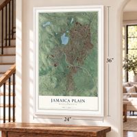 Jamaica Plain, Massachusetts map, 24 x 36 inch print in a white frame by a staircase