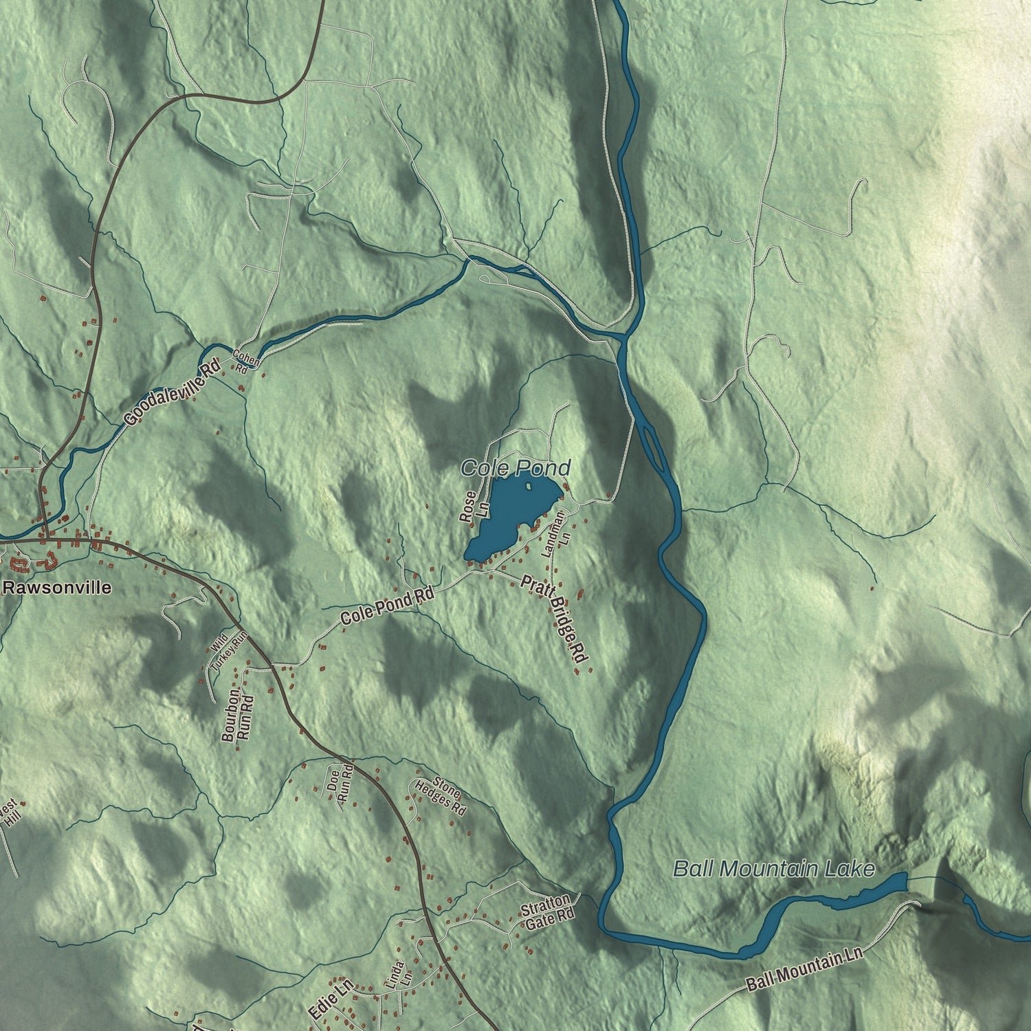 Close-up of the map of Jamaica, Vermont print showing terrain and local geography