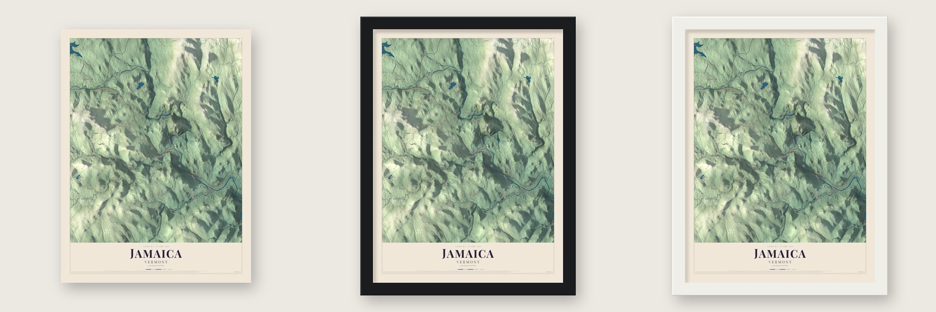 Jamaica, Vermont map unframed, in a black wood frame and in a white wood frame