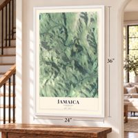 Jamaica, Vermont map, 24 x 36 inch print in a white frame by a staircase