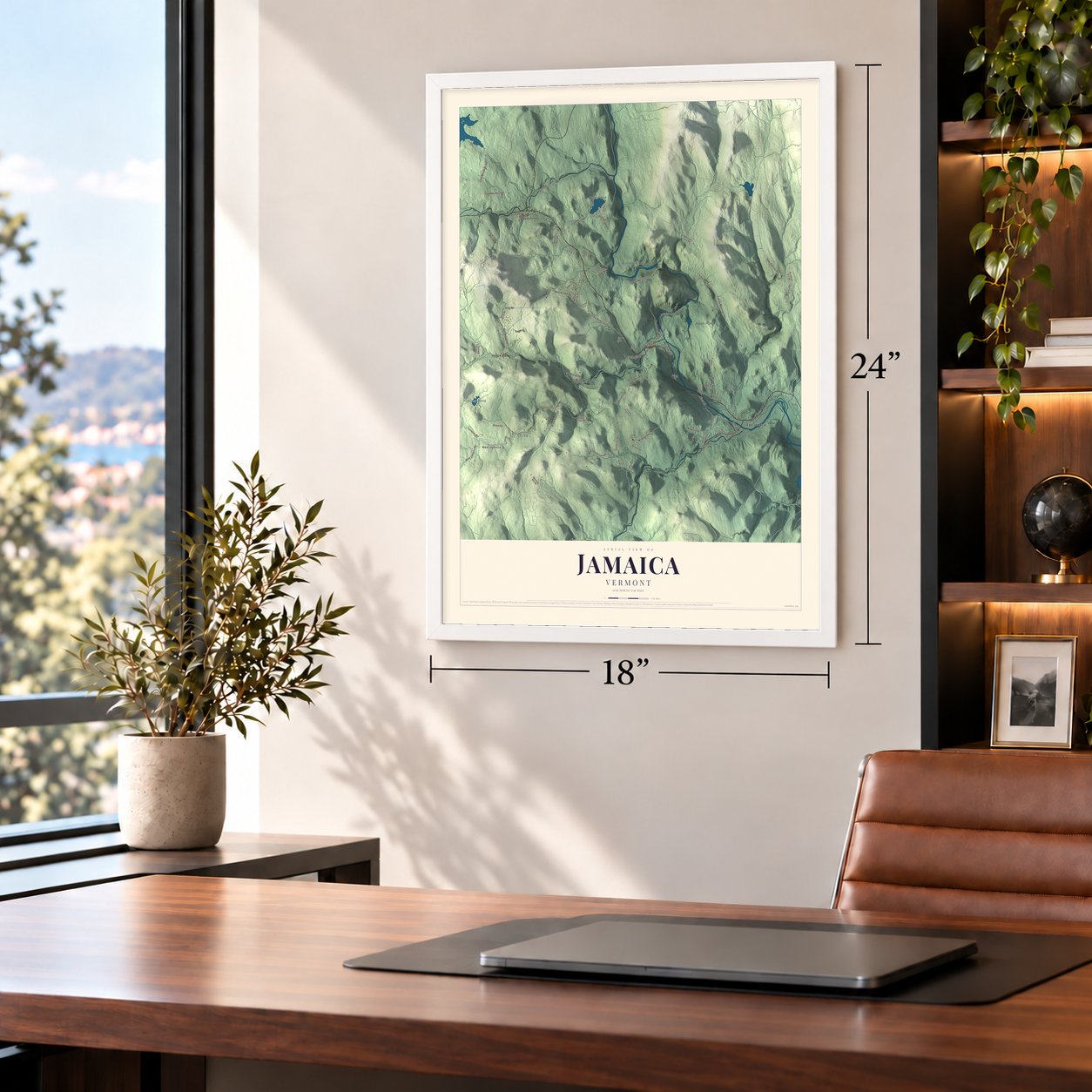 Jamaica, Vermont map, 18 x 24 inch print in a white frame in a home office