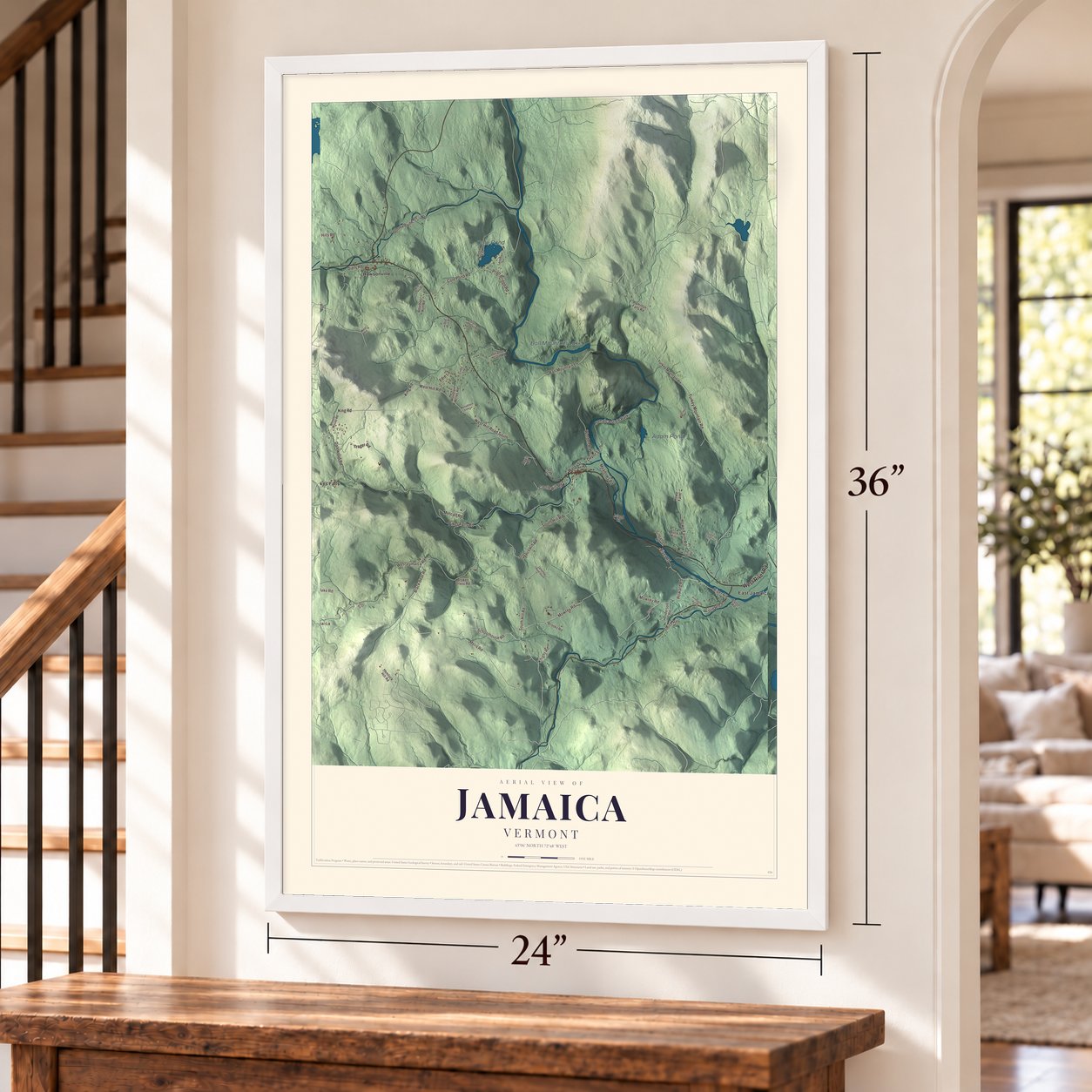 Jamaica, Vermont map, 24 x 36 inch print in a white frame by a staircase